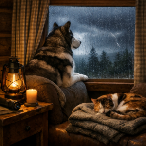 Cozy cabin during a stormy night
